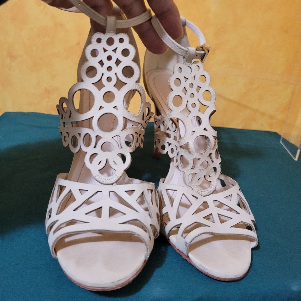 Klub Nico Genuine Leather Made in Brazil High Heel Ivory Sandals, 8, Some Dmg